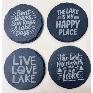 Set Of 4 Round Slate Coasters With Lake-Themed Quotes & Foam Feet